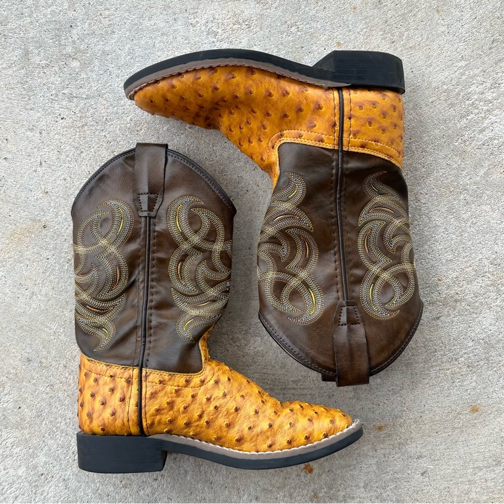 Kids Old West Ostrich Print Leather Square Toe Cowboy Boots Youth Boys Size 1